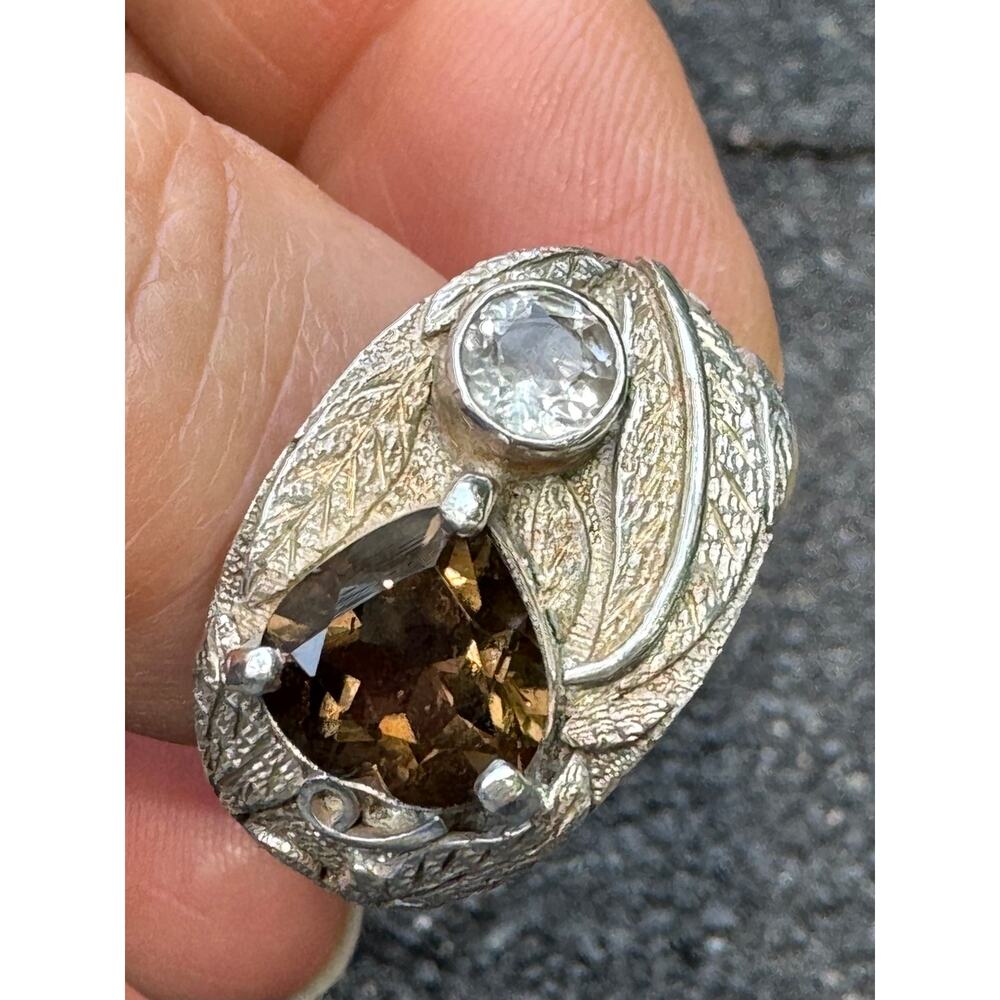 Hand Carved Sterling Silver Ring Smokey Quartz Trillion Quartz Crystal Sz 7.5